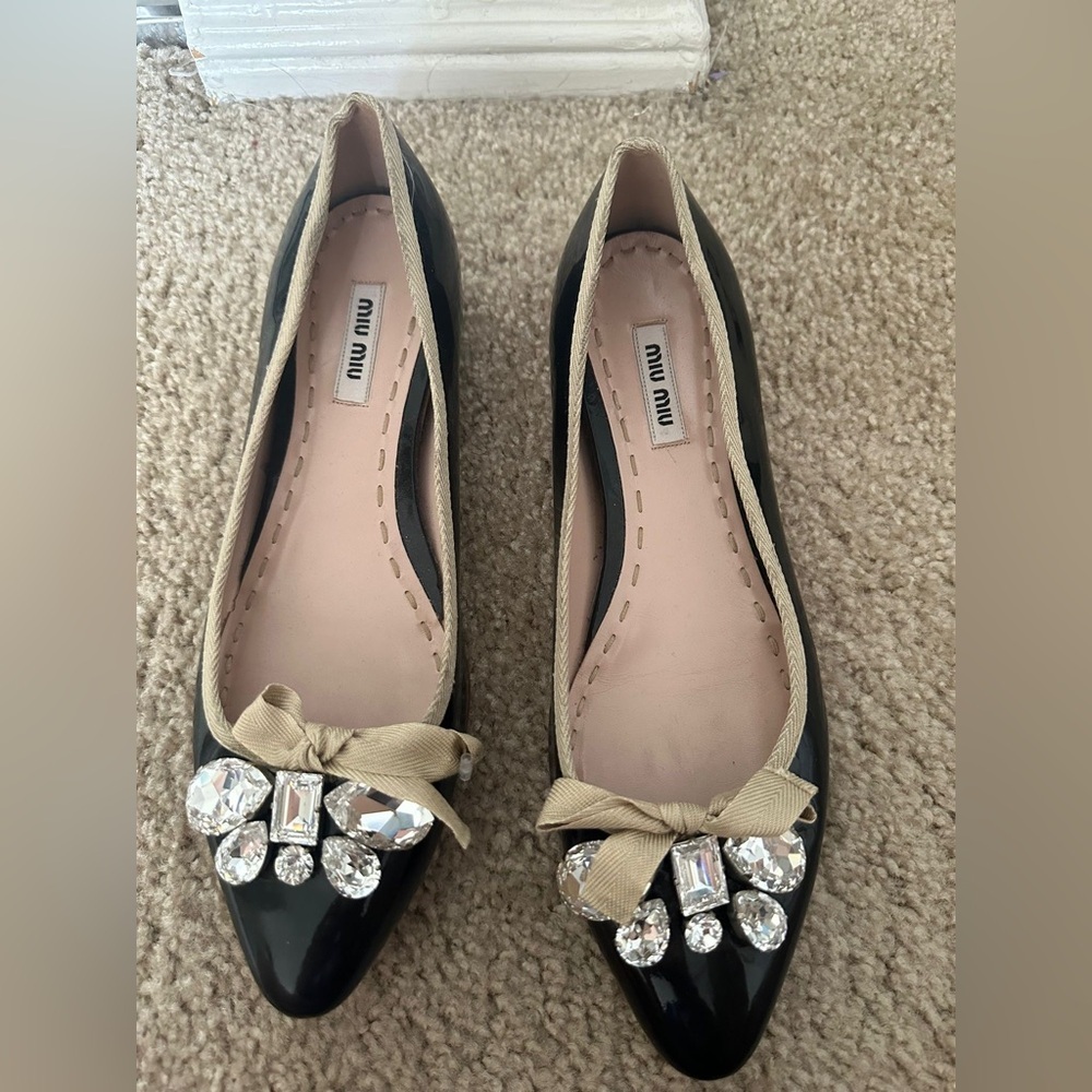 Miu Miu Black Patent Leather Crystal Embellished Ballet Flats Size 38.5